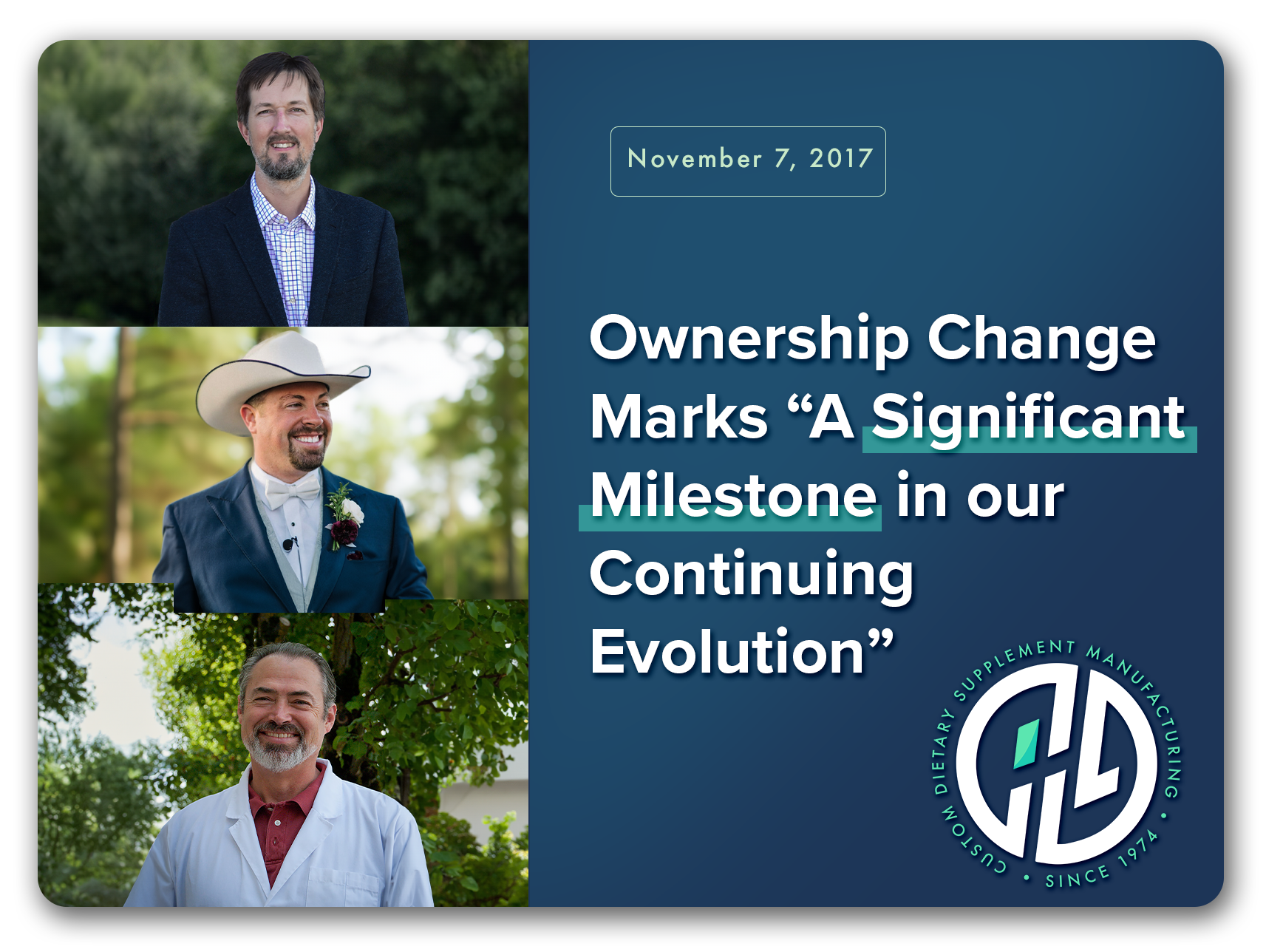 From the CEO, Robert Ugianskis: Highland Laboratories ownership change is "a significant milestone in our continuing evolution"